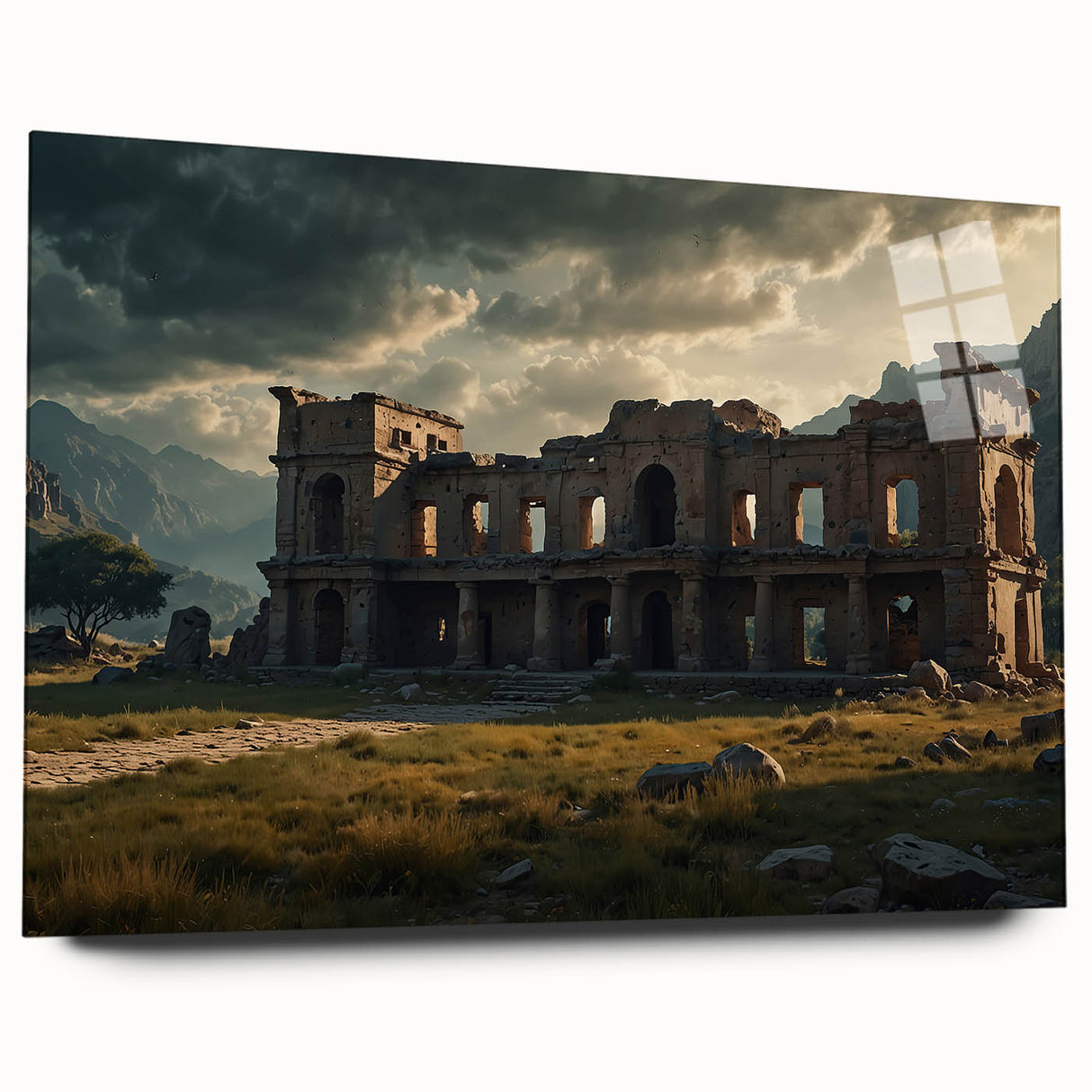 Acrylic print of large abstract wall art depicting ancient ruins in earthy tones, ideal for bedroom or dining room decor.