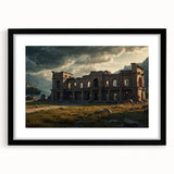 Abstract art print of ancient ruins in vibrant, colorful hues on a textured, extra large canvas, ideal for living room decor.