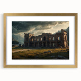 Abstract art print of ancient ruins in muted earth tones on a framed canvas, ideal for dining room decor.