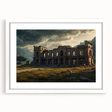 Textured art print of abstract ancient ruins in muted earth tones, framed in white, ideal for bedroom art.