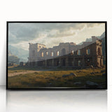 Large abstract wall art featuring mid-century modernist style ancient ruins in muted earth tones on a framed acrylic.
