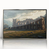 Mid-century modernist art depicting ancient ruins in muted earth tones, framed acrylic, ideal for nursery wall art.