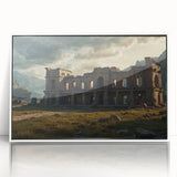 Art deco poster of ancient ruins in muted beige, acrylic framed, ideal for modern art wall decor in a nursery.