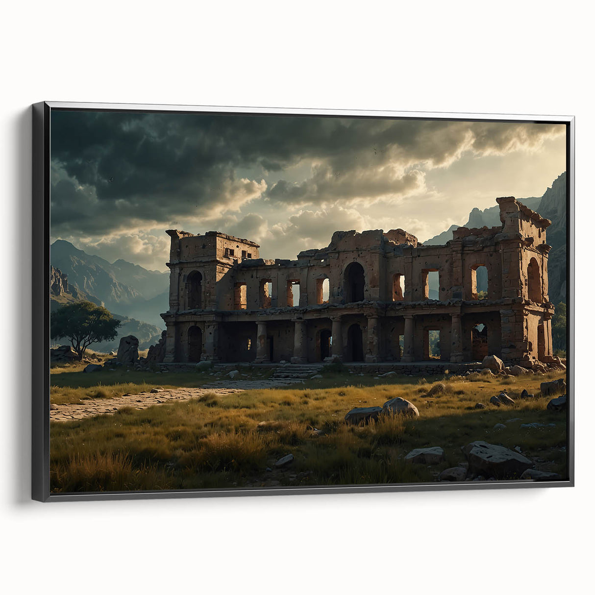 Black and white framed canvas featuring ancient ruins in a vintage poster art style, suitable for bedroom wall decor.