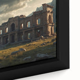 Close-up of a black wall art featuring ancient ruins design in vibrant colors on a textured, framed canvas.