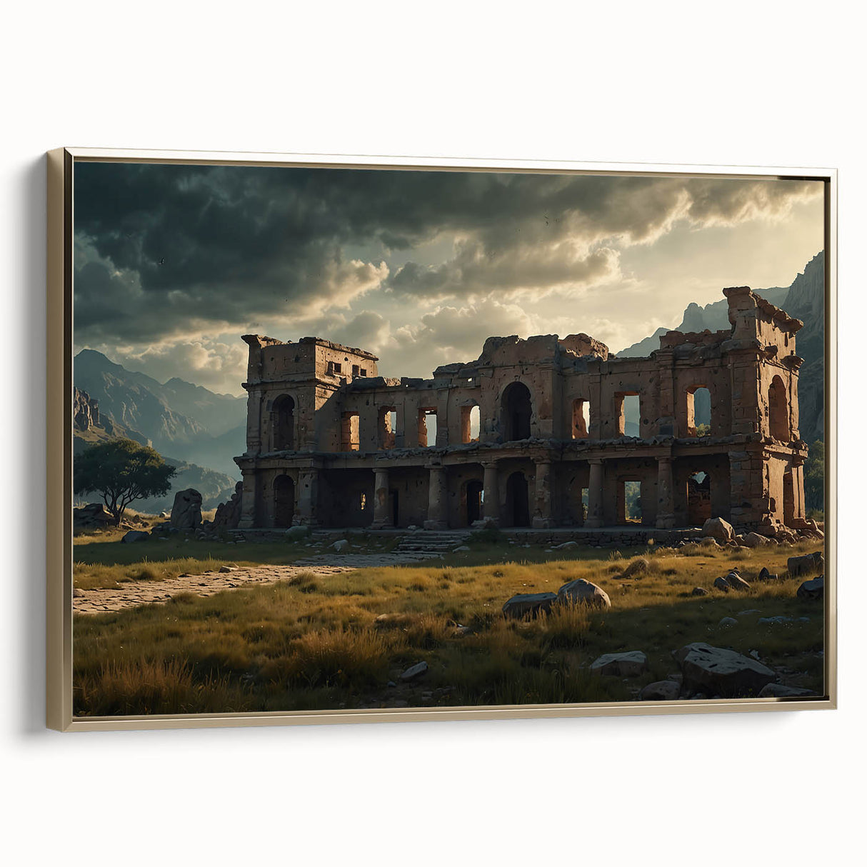 Framed canvas depicting ancient ruins in muted earth tones, ideal for adding a vintage touch to any living space.