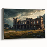 Vintage poster art of ancient ruins in colorful tones on a large framed canvas, suitable for living room decor.
