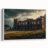Framed canvas wall art featuring a black and white vintage poster of ancient ruins, perfect for bedroom decor.