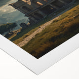 Art deco poster of ancient ruins in muted earth tones on rolled canvas, suited for dining room wall art.