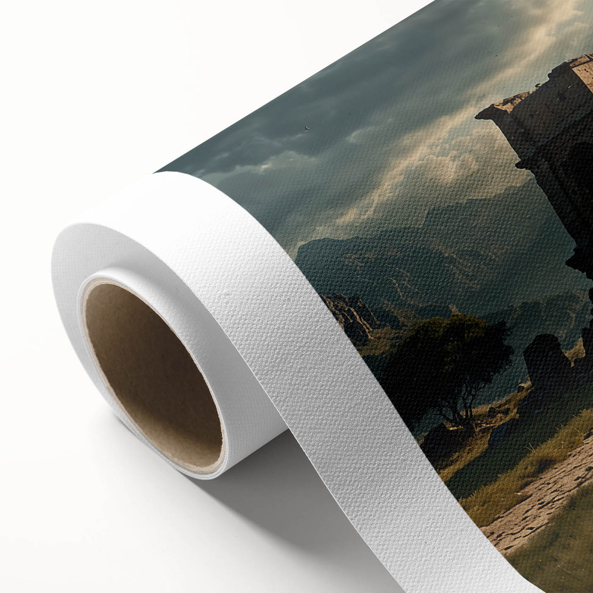 Art deco poster of ancient architecture ruins in muted earth tones on rolled canvas, ideal for nursery wall art.