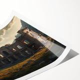 Extra large wall art featuring line art flowers on ancient ruins backdrop, rolled print, ideal for large living room wall.