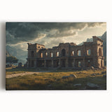 Black and white photo of ancient ruins on stretched canvas, ideal for kitchen wall art.