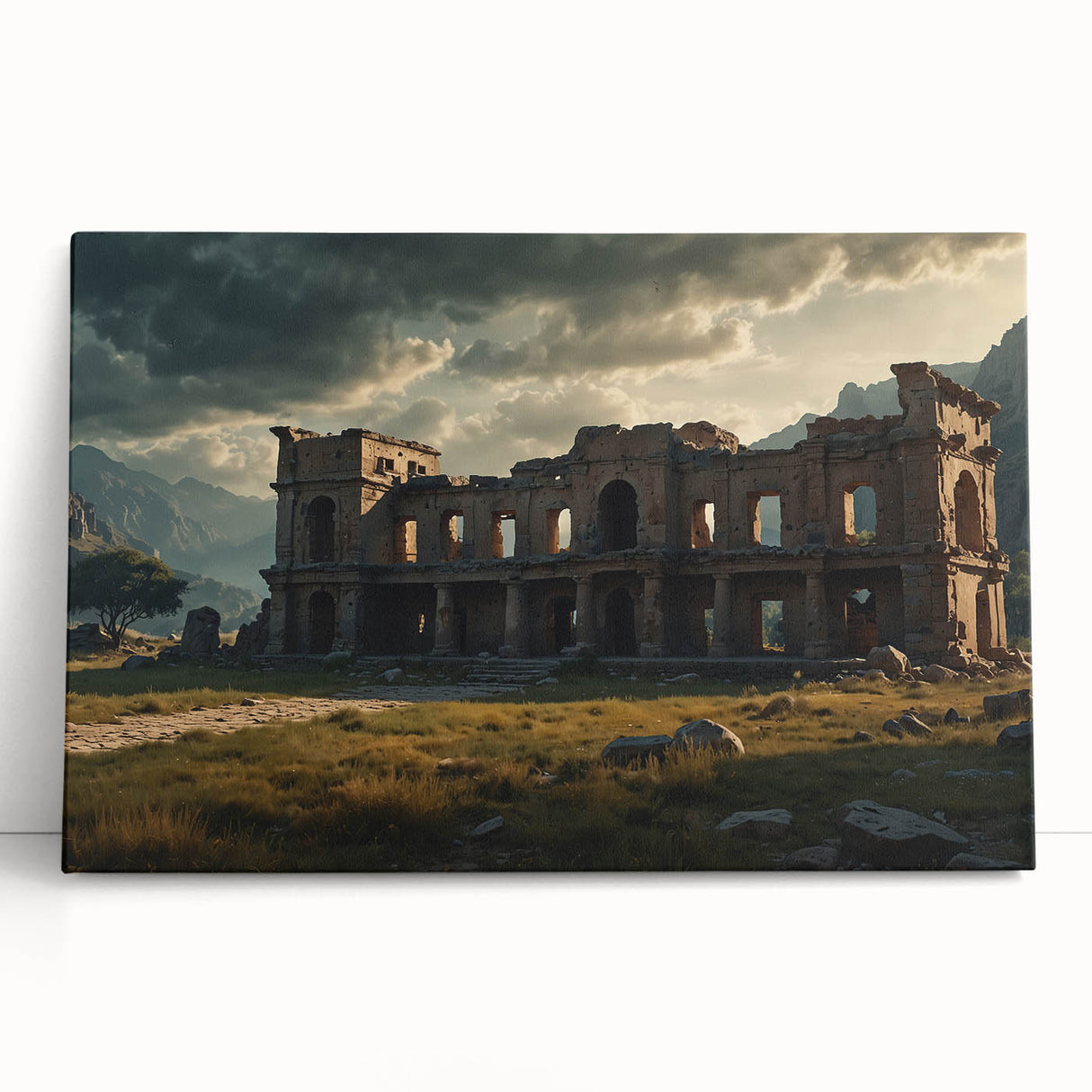 Black and white image of ancient ruins on a large stretched canvas, suitable as kitchen wall art or for bedroom ambiance.