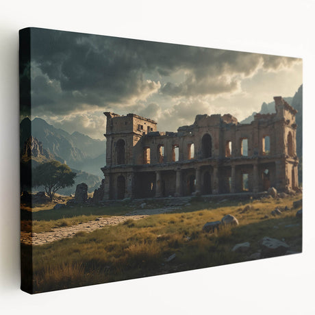 Large canvas print depicting ancient ruins in a realistic style, using earth tones, suitable for kitchen wall art.