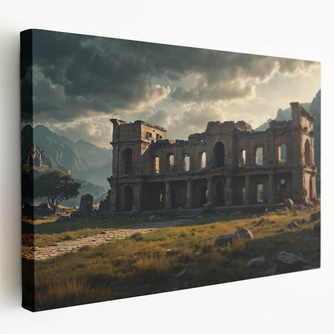 Large canvas print depicting ancient ruins in a realistic style, using earth tones, suitable for kitchen wall art.