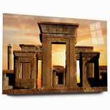 Acrylic glass print of ancient ruins in muted earth tones, ideal for bedroom or dining room art.