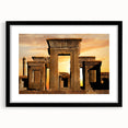 Extra large, abstract art print depicting colorful, textured ancient ruins on a black framed mat.