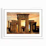 Textured art print of ancient ruins in muted earth tones on a white framed canvas, ideal for bedroom decor.