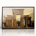 Large abstract wall art of ancient ruins in muted earth tones, framed in black acrylic.