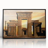 Large abstract wall art of ancient ruins in muted earth tones, framed in black acrylic.