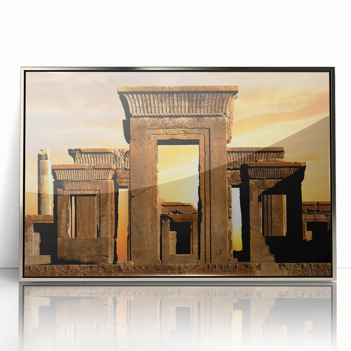 Mid-century modernist art depicting ancient ruins in muted earth tones on a silver-framed acrylic print.