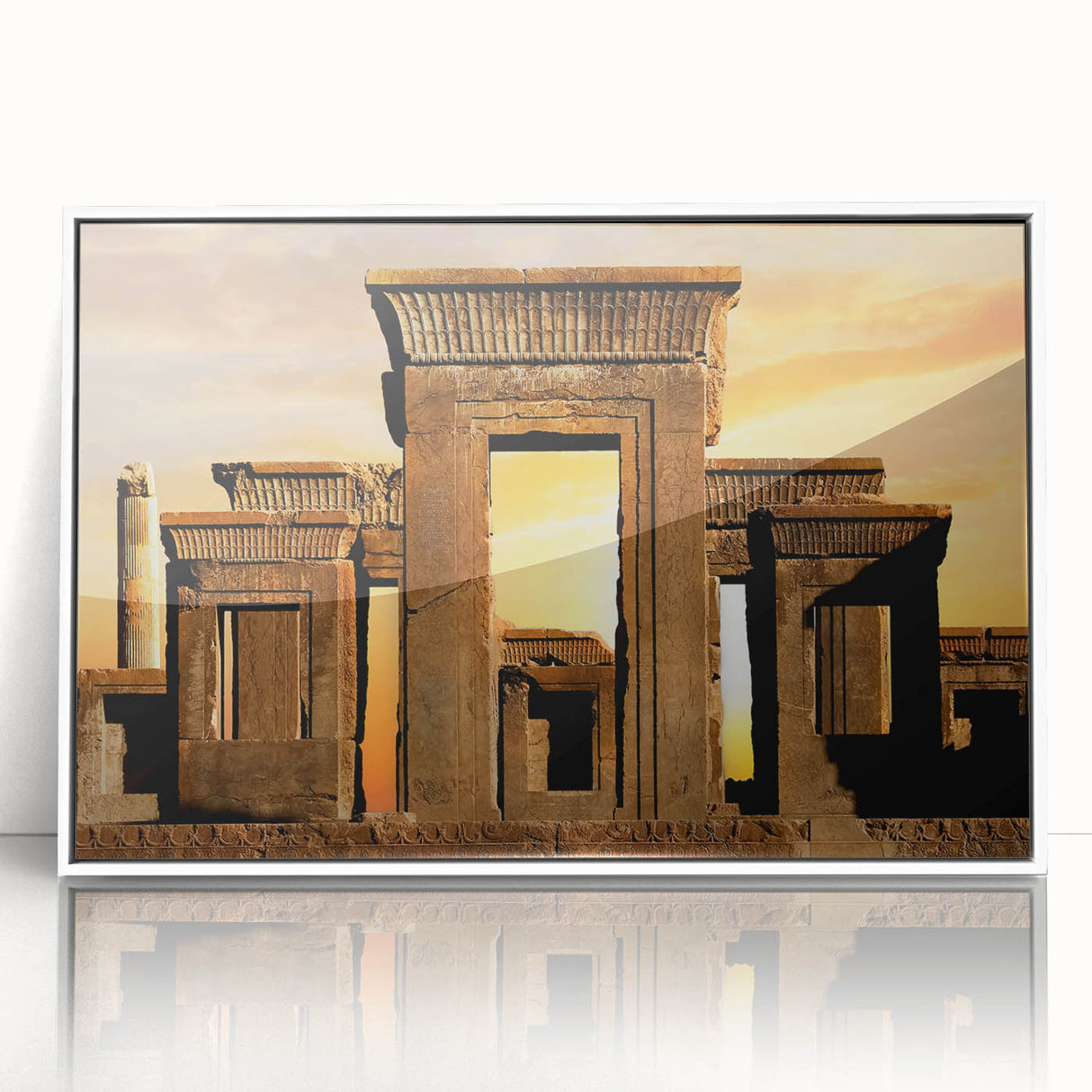 Art deco poster of ancient ruins in muted gray and blue tones, framed acrylic, ideal for modern art wall decor.