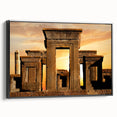 Black and white framed canvas of ancient ruins in a landscape format, ideal for bedroom wall decor.