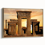 Framed canvas depicting ancient ruins in muted gold and black tones, suitable as wall art for a bedroom.