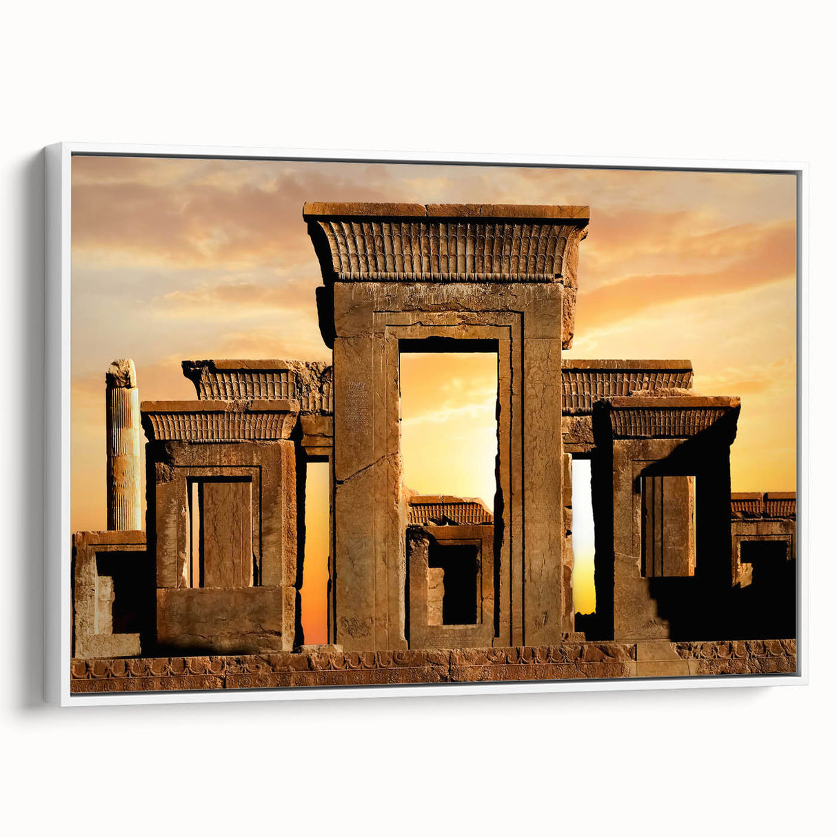 Vintage poster art of ancient ruins in muted earth tones on a framed canvas, ideal for living room decor.