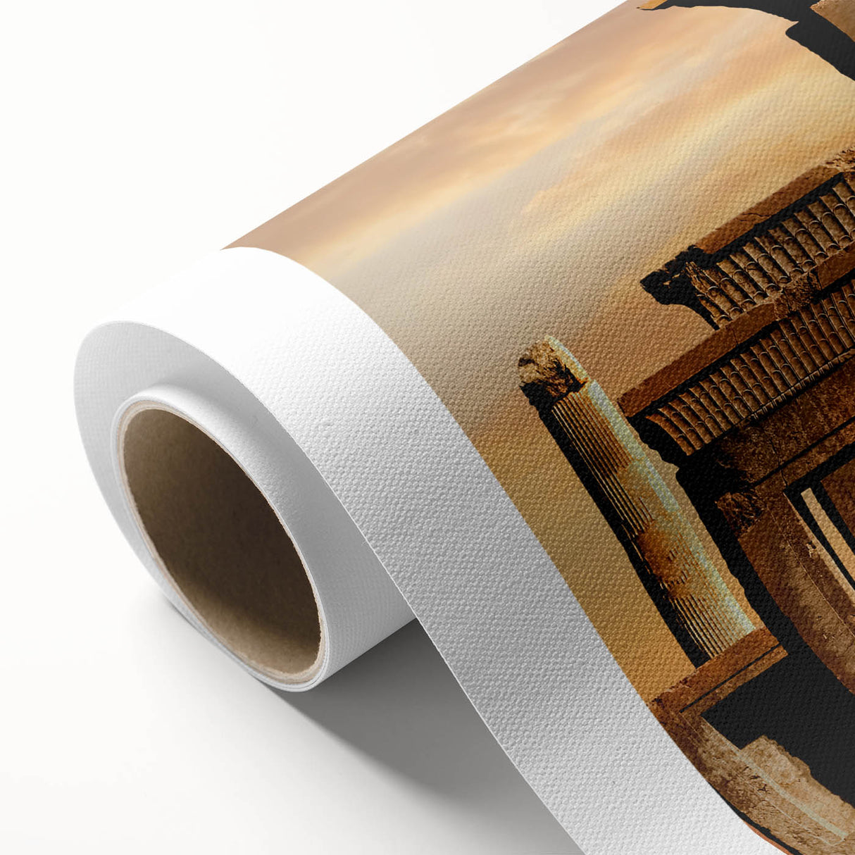 Art deco poster of ancient ruins in muted earth tones on rolled canvas, ideal for nursery wall art or dining room.
