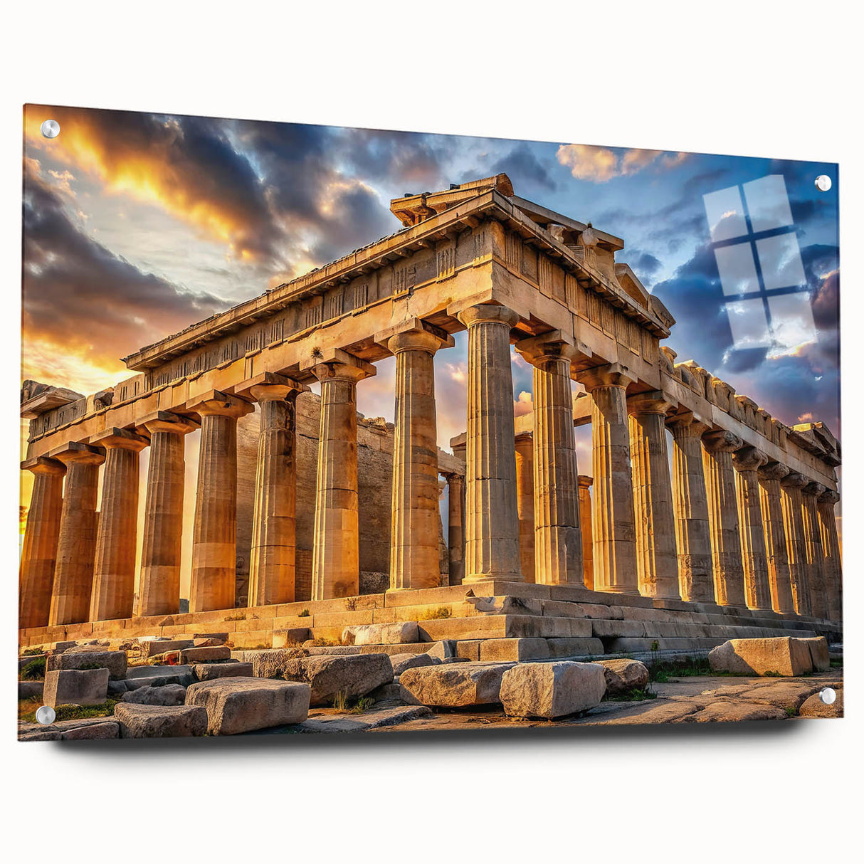 Acrylic print of ancient ruins in muted earth tones, ideal for dining room or bedroom decor.
