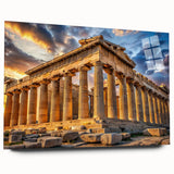 Large abstract wall art of ancient ruins in muted earth tones on acrylic glass, ideal for bedroom or dining room decor.