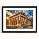 Extra large abstract art print featuring colorful, textured depiction of ancient ruins on a black framed canvas.