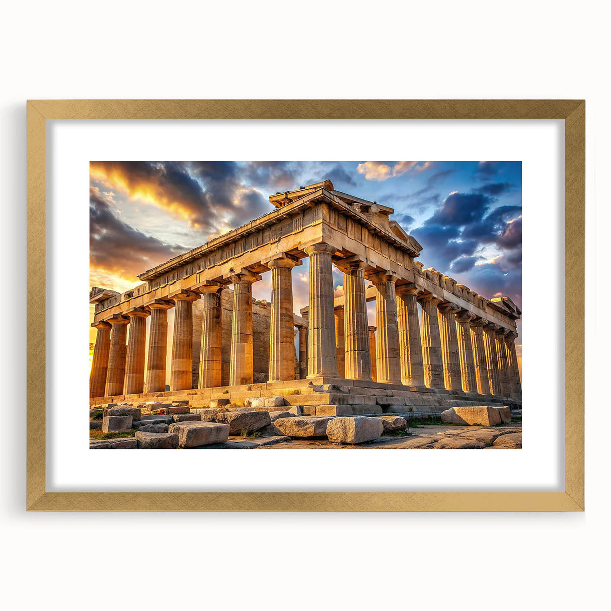 Abstract art print of ancient ruins in muted earth tones on a framed gold mat, ideal for dining room decor.