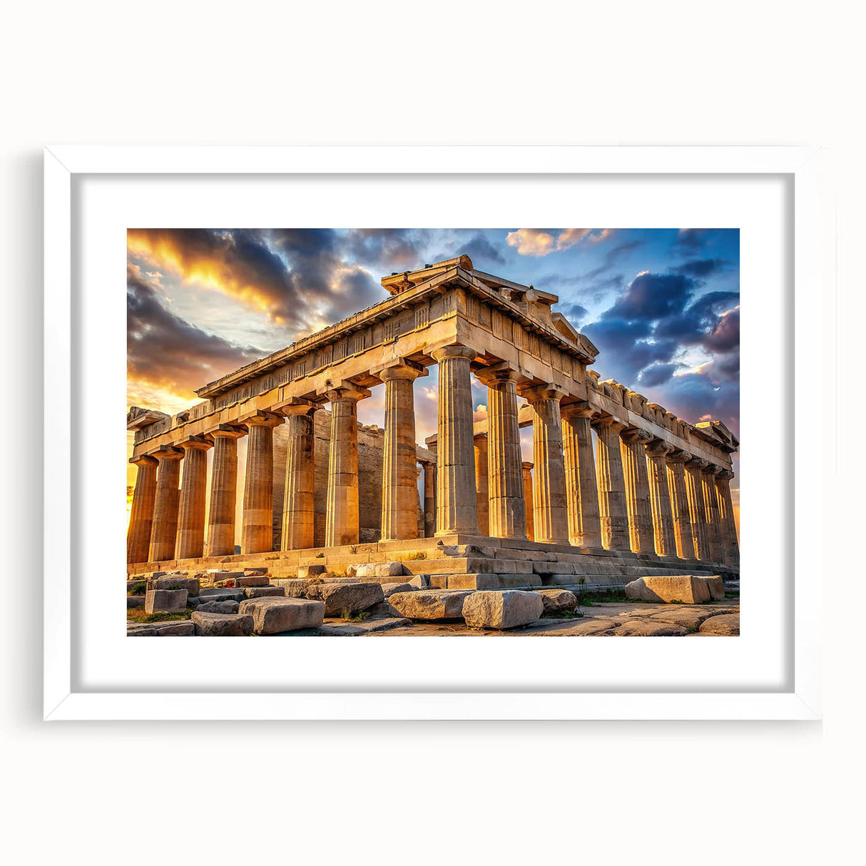 Textured art print of ancient ruins in muted earth tones, framed with a white mat, ideal for bedroom art.