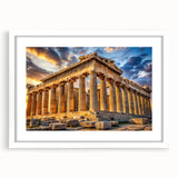 Textured art print of ancient ruins in muted earth tones, framed with a white mat, ideal for bedroom art.