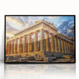Large abstract wall art depicting ancient ruins in muted earth tones, framed in black acrylic.
