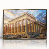 Acrylic print of ancient ruins in gold frame, featuring mid-century modernist style, suitable for modern art wall decor.