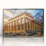 Mid-century modernist art depicting ancient ruins in muted earth tones on a silver-framed acrylic print.