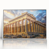 Art deco poster of ancient ruins in muted earth tones, framed acrylic, ideal for modern nursery wall art.