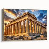 Framed canvas depicting ancient ruins in a landscape, using muted gold and black tones, suitable as wall art for a bedroom.