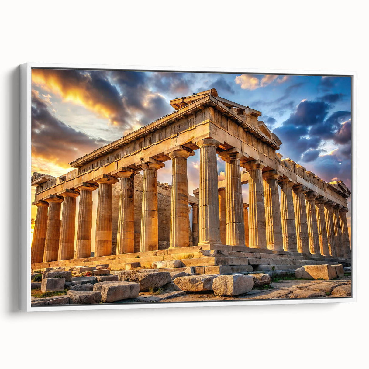 Framed canvas of vintage poster art depicting ancient ruins in colorful art style, ideal for living room decor.