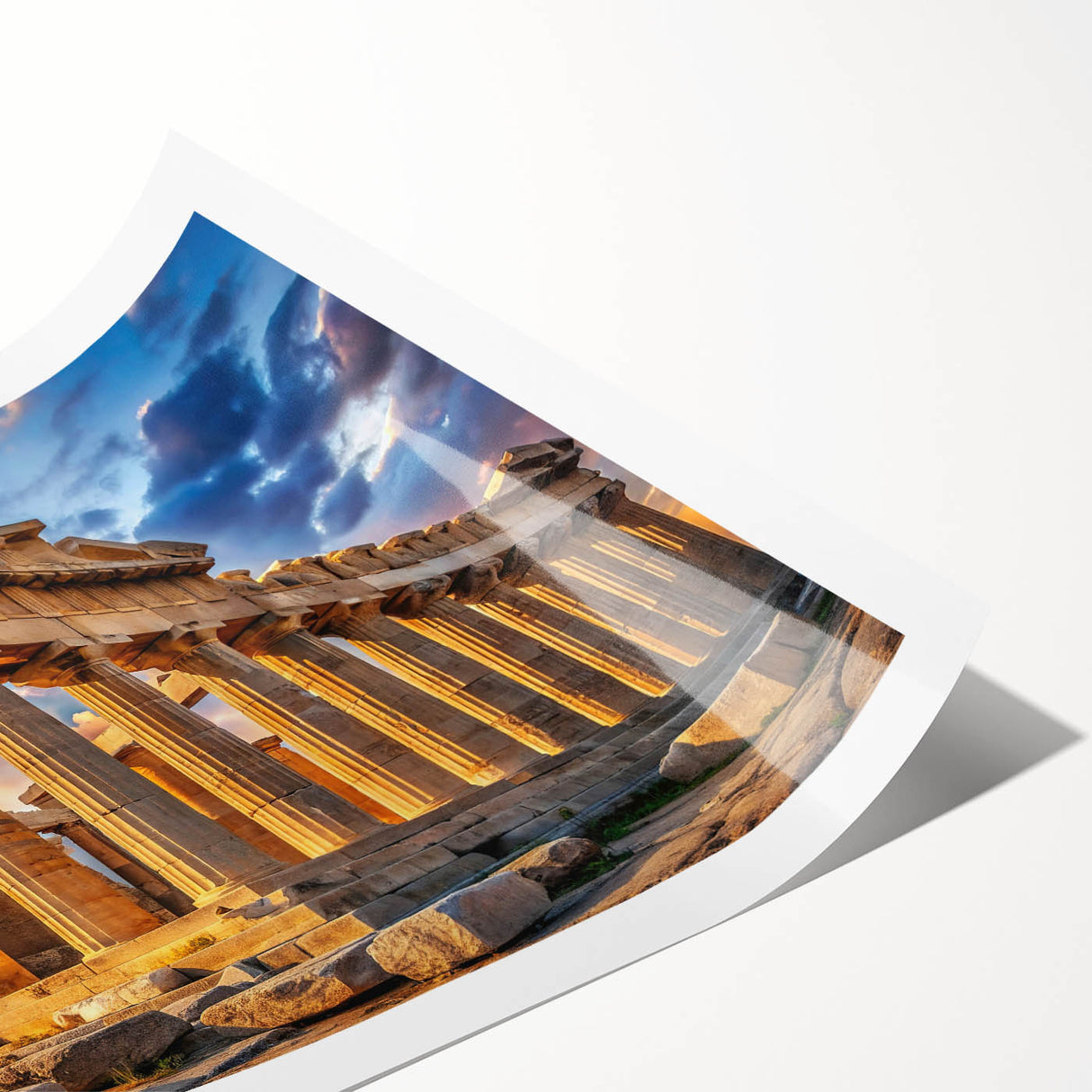 Extra large rolled print of line art flowers over an ancient ruins design, in muted earth tones.