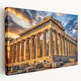 Side view of a stretched canvas featuring ancient ruins in neutral earth tones, ideal for kitchen wall art.