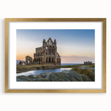 Extra large framed wall art of abstract ancient ruins in textured gold tones, ideal for living room decor.