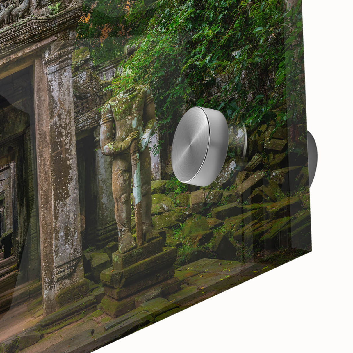 Acrylic print of large abstract wall art featuring mid-century modernist ancient ruins in muted earth tones.
