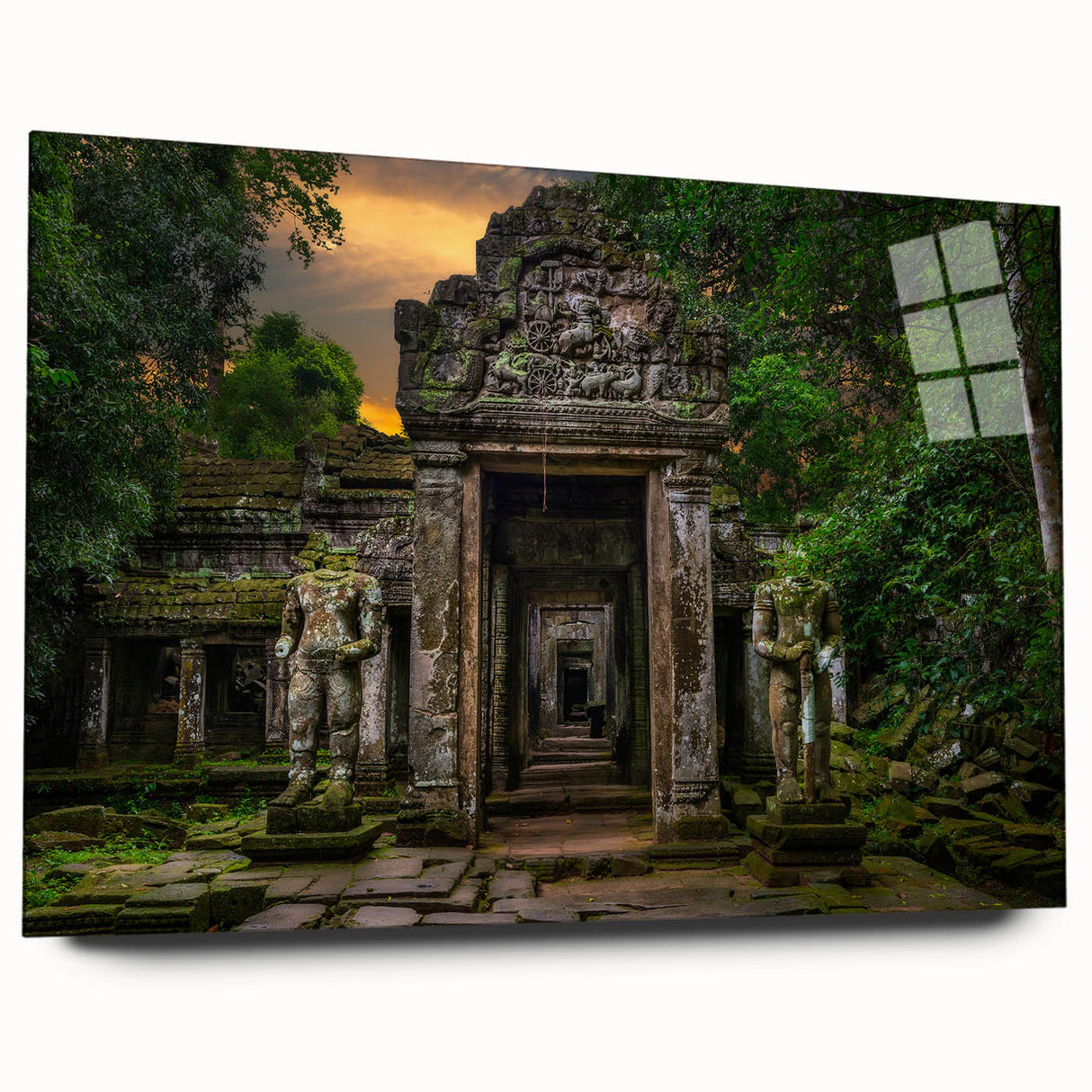 Acrylic glass print of ancient architecture ruins in muted earth tones, suitable for bedroom or dining room decor.