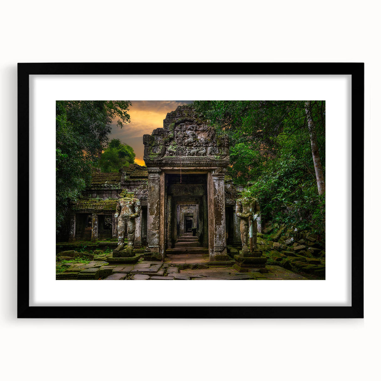 Extra large textured abstract art print of colorful ancient ruins on a black framed canvas, suited for living room decor.