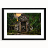 Extra large textured abstract art print of colorful ancient ruins on a black framed canvas, suited for living room decor.