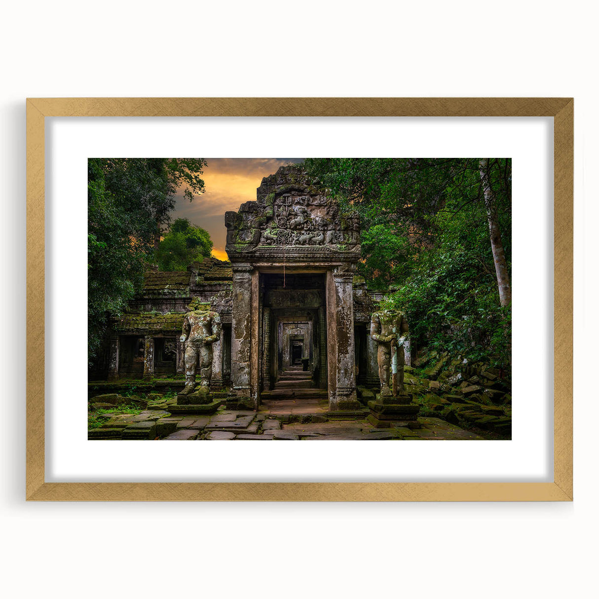 Extra large abstract art print of ancient ruins in textured style, with muted earth tones on a gold-framed canvas.